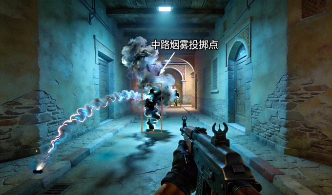 CSGO Mirage地图中路烟雾投掷物点位3D演示画面