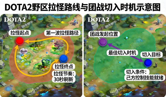 DOTA2野区拉怪路线与团战切入时机示意图