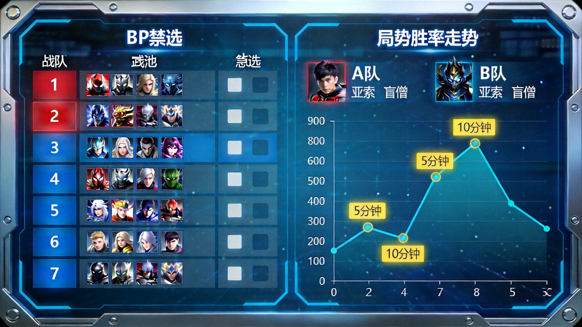 职业联赛战术动态拆解沙盘画面 显示BP禁选与局势胜率走势